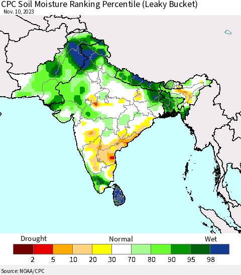 Southern Asia CPC Soil Moisture Ranking Percentile (Leaky Bucket) Thematic Map For 11/6/2023 - 11/10/2023
