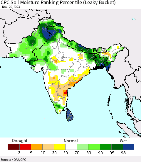 Southern Asia CPC Soil Moisture Ranking Percentile (Leaky Bucket) Thematic Map For 11/16/2023 - 11/20/2023