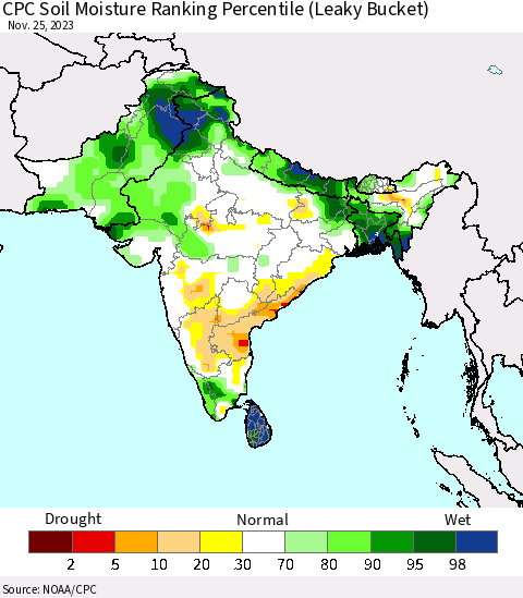 Southern Asia CPC Soil Moisture Ranking Percentile (Leaky Bucket) Thematic Map For 11/21/2023 - 11/25/2023