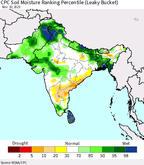 Southern Asia CPC Soil Moisture Ranking Percentile (Leaky Bucket) Thematic Map For 11/26/2023 - 11/30/2023