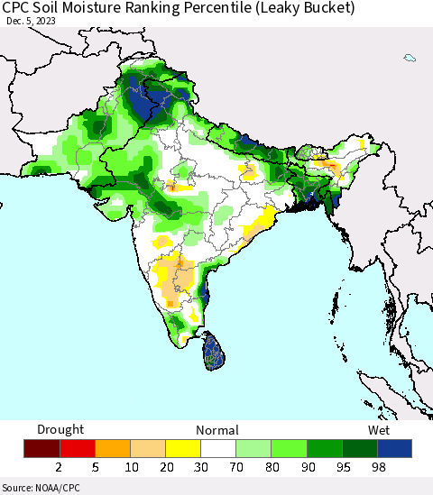 Southern Asia CPC Soil Moisture Ranking Percentile (Leaky Bucket) Thematic Map For 12/1/2023 - 12/5/2023