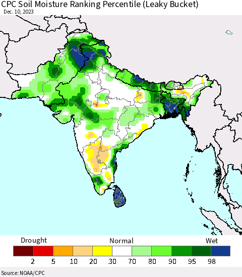 Southern Asia CPC Soil Moisture Ranking Percentile (Leaky Bucket) Thematic Map For 12/6/2023 - 12/10/2023