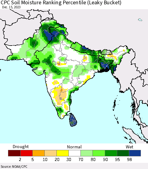 Southern Asia CPC Soil Moisture Ranking Percentile (Leaky Bucket) Thematic Map For 12/11/2023 - 12/15/2023