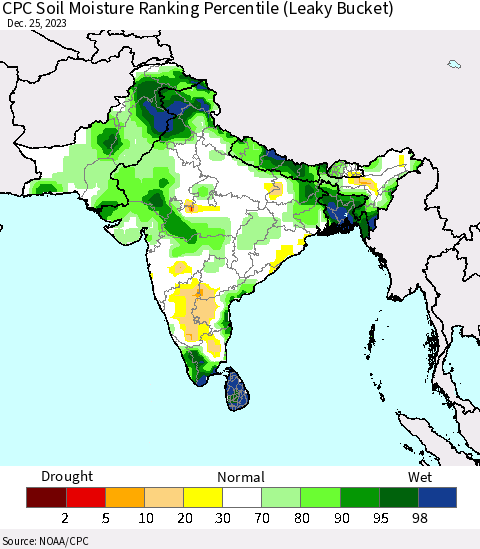Southern Asia CPC Soil Moisture Ranking Percentile (Leaky Bucket) Thematic Map For 12/21/2023 - 12/25/2023
