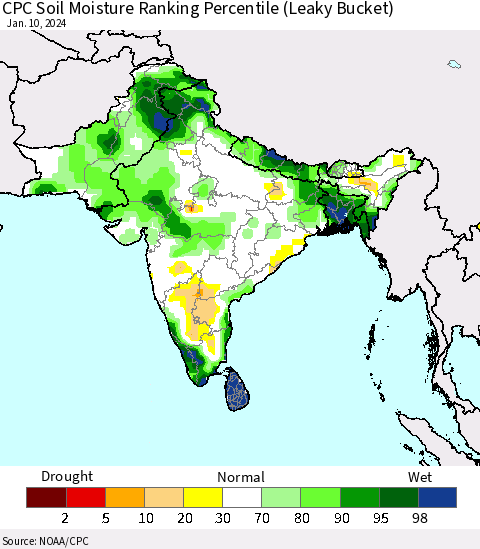 Southern Asia CPC Soil Moisture Ranking Percentile (Leaky Bucket) Thematic Map For 1/6/2024 - 1/10/2024