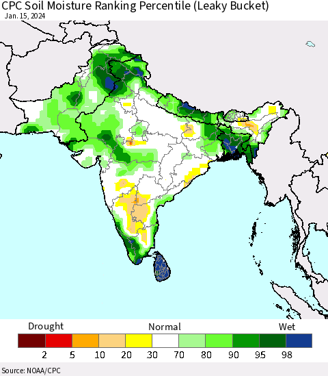 Southern Asia CPC Soil Moisture Ranking Percentile (Leaky Bucket) Thematic Map For 1/11/2024 - 1/15/2024