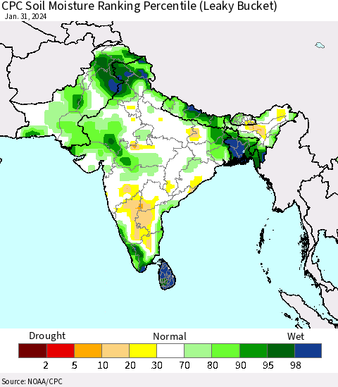 Southern Asia CPC Soil Moisture Ranking Percentile (Leaky Bucket) Thematic Map For 1/26/2024 - 1/31/2024