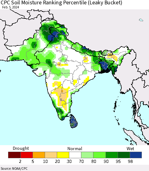 Southern Asia CPC Soil Moisture Ranking Percentile (Leaky Bucket) Thematic Map For 2/1/2024 - 2/5/2024