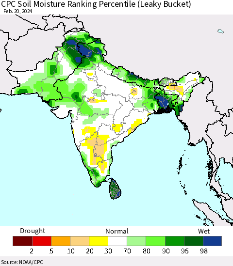 Southern Asia CPC Soil Moisture Ranking Percentile (Leaky Bucket) Thematic Map For 2/16/2024 - 2/20/2024