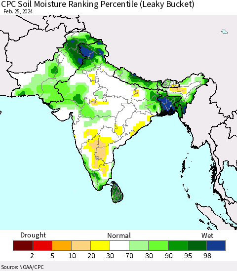 Southern Asia CPC Soil Moisture Ranking Percentile (Leaky Bucket) Thematic Map For 2/21/2024 - 2/25/2024