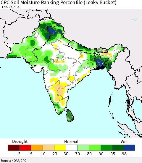 Southern Asia CPC Soil Moisture Ranking Percentile (Leaky Bucket) Thematic Map For 2/26/2024 - 2/29/2024