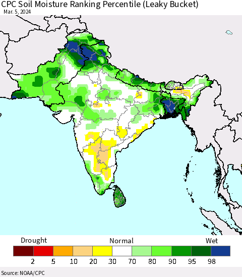 Southern Asia CPC Soil Moisture Ranking Percentile (Leaky Bucket) Thematic Map For 3/1/2024 - 3/5/2024