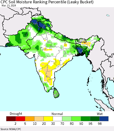 Southern Asia CPC Soil Moisture Ranking Percentile (Leaky Bucket) Thematic Map For 3/11/2024 - 3/15/2024