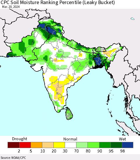 Southern Asia CPC Soil Moisture Ranking Percentile (Leaky Bucket) Thematic Map For 3/16/2024 - 3/20/2024