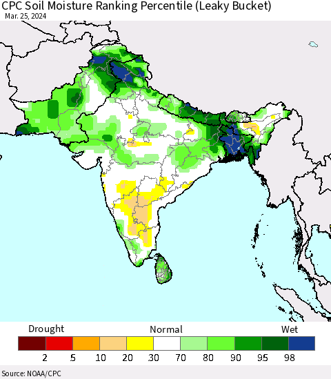 Southern Asia CPC Soil Moisture Ranking Percentile (Leaky Bucket) Thematic Map For 3/21/2024 - 3/25/2024