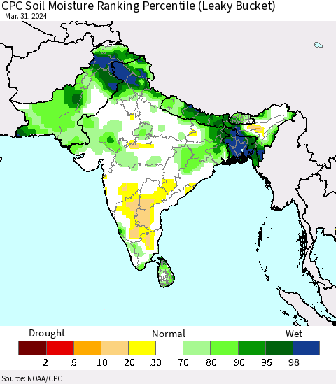 Southern Asia CPC Soil Moisture Ranking Percentile (Leaky Bucket) Thematic Map For 3/26/2024 - 3/31/2024
