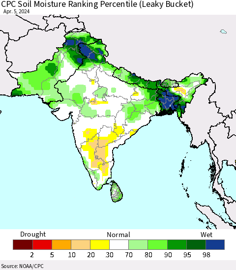 Southern Asia CPC Soil Moisture Ranking Percentile (Leaky Bucket) Thematic Map For 4/1/2024 - 4/5/2024