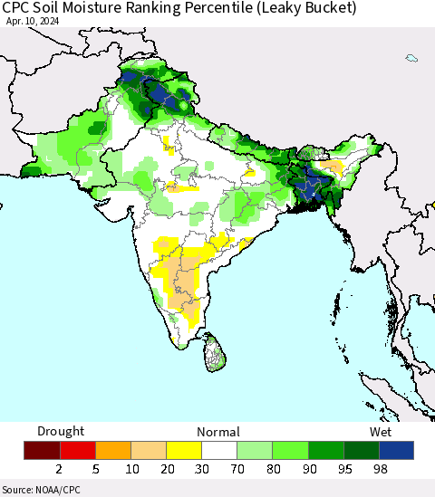 Southern Asia CPC Soil Moisture Ranking Percentile (Leaky Bucket) Thematic Map For 4/6/2024 - 4/10/2024