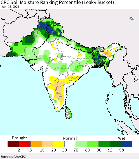 Southern Asia CPC Soil Moisture Ranking Percentile (Leaky Bucket) Thematic Map For 4/11/2024 - 4/15/2024