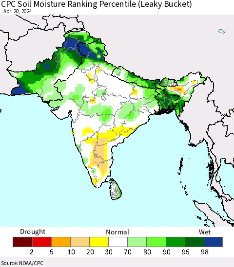 Southern Asia CPC Soil Moisture Ranking Percentile (Leaky Bucket) Thematic Map For 4/16/2024 - 4/20/2024