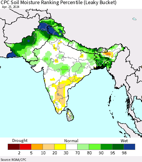 Southern Asia CPC Soil Moisture Ranking Percentile (Leaky Bucket) Thematic Map For 4/21/2024 - 4/25/2024