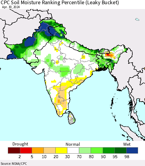 Southern Asia CPC Soil Moisture Ranking Percentile (Leaky Bucket) Thematic Map For 4/26/2024 - 4/30/2024