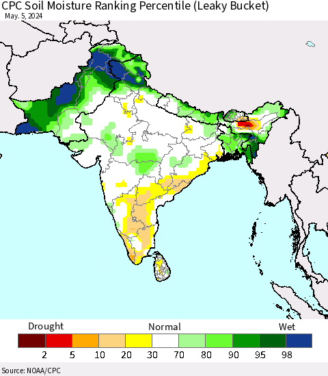 Southern Asia CPC Soil Moisture Ranking Percentile (Leaky Bucket) Thematic Map For 5/1/2024 - 5/5/2024