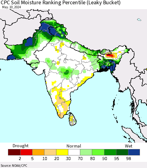 Southern Asia CPC Soil Moisture Ranking Percentile (Leaky Bucket) Thematic Map For 5/6/2024 - 5/10/2024