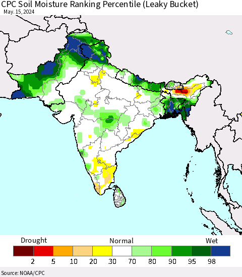 Southern Asia CPC Soil Moisture Ranking Percentile (Leaky Bucket) Thematic Map For 5/11/2024 - 5/15/2024