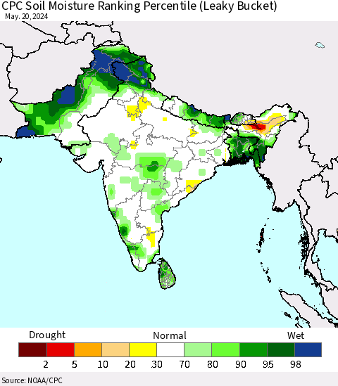 Southern Asia CPC Soil Moisture Ranking Percentile (Leaky Bucket) Thematic Map For 5/16/2024 - 5/20/2024