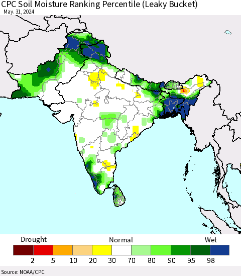 Southern Asia CPC Soil Moisture Ranking Percentile (Leaky Bucket) Thematic Map For 5/26/2024 - 5/31/2024