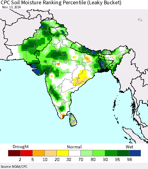 Southern Asia CPC Soil Moisture Ranking Percentile (Leaky Bucket) Thematic Map For 11/11/2024 - 11/15/2024