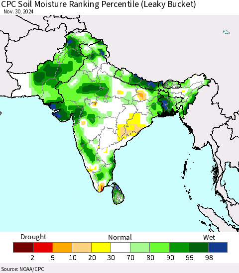 Southern Asia CPC Soil Moisture Ranking Percentile (Leaky Bucket) Thematic Map For 11/26/2024 - 11/30/2024