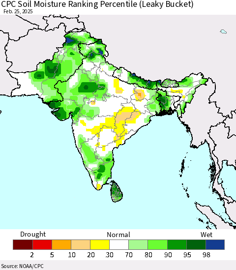 Southern Asia CPC Soil Moisture Ranking Percentile (Leaky Bucket) Thematic Map For 2/21/2025 - 2/25/2025