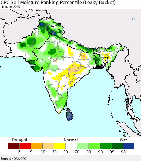 Southern Asia CPC Soil Moisture Ranking Percentile (Leaky Bucket) Thematic Map For 3/6/2025 - 3/10/2025