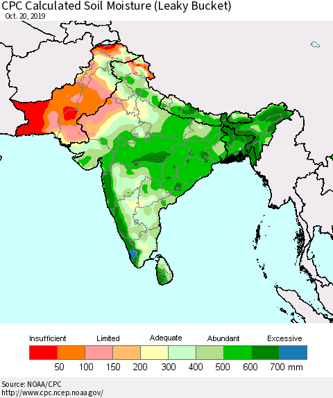 Southern Asia CPC Calculated Soil Moisture (Leaky Bucket) Thematic Map For 10/16/2019 - 10/20/2019