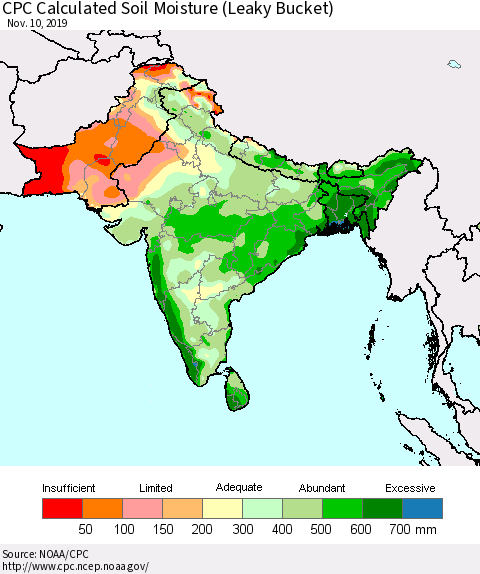Southern Asia CPC Calculated Soil Moisture (Leaky Bucket) Thematic Map For 11/6/2019 - 11/10/2019