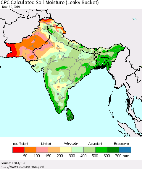 Southern Asia CPC Calculated Soil Moisture (Leaky Bucket) Thematic Map For 11/26/2019 - 11/30/2019
