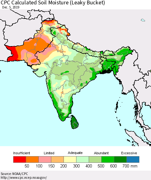 Southern Asia CPC Calculated Soil Moisture (Leaky Bucket) Thematic Map For 12/1/2019 - 12/5/2019