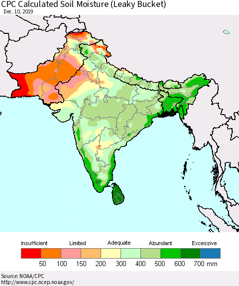 Southern Asia CPC Calculated Soil Moisture (Leaky Bucket) Thematic Map For 12/6/2019 - 12/10/2019
