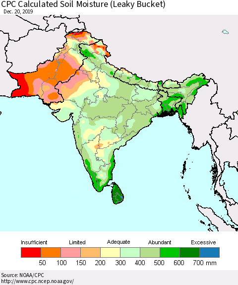 Southern Asia CPC Calculated Soil Moisture (Leaky Bucket) Thematic Map For 12/16/2019 - 12/20/2019