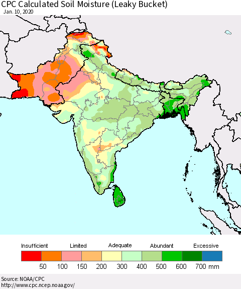 Southern Asia CPC Calculated Soil Moisture (Leaky Bucket) Thematic Map For 1/6/2020 - 1/10/2020