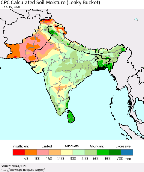 Southern Asia CPC Calculated Soil Moisture (Leaky Bucket) Thematic Map For 1/11/2020 - 1/15/2020