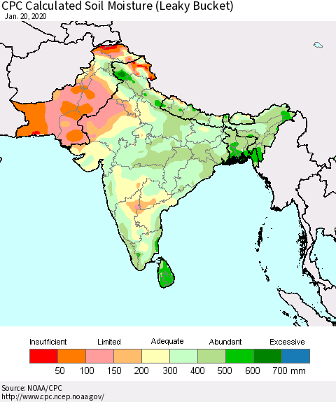 Southern Asia CPC Calculated Soil Moisture (Leaky Bucket) Thematic Map For 1/16/2020 - 1/20/2020