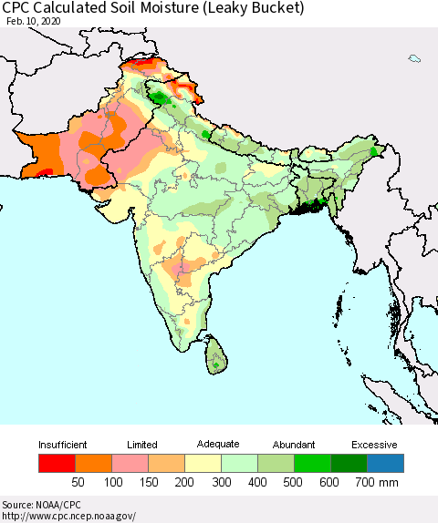 Southern Asia CPC Calculated Soil Moisture (Leaky Bucket) Thematic Map For 2/6/2020 - 2/10/2020