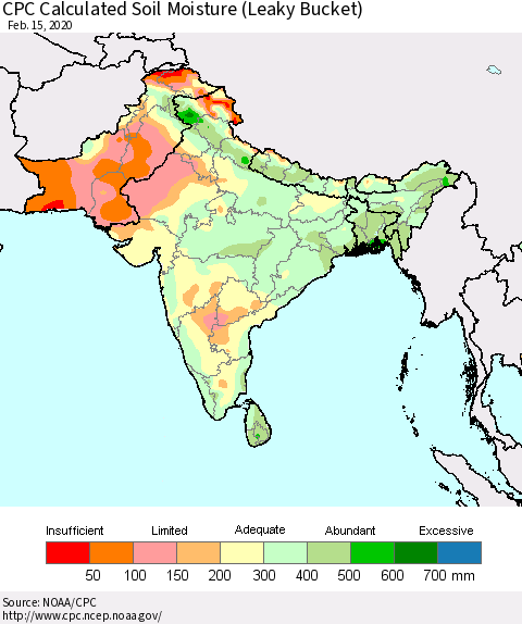 Southern Asia CPC Calculated Soil Moisture (Leaky Bucket) Thematic Map For 2/11/2020 - 2/15/2020