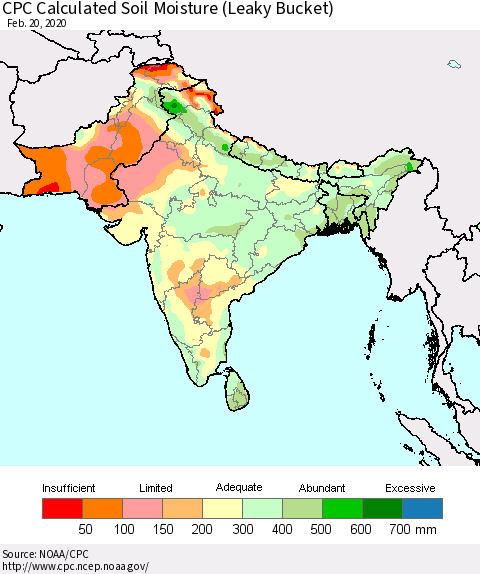 Southern Asia CPC Calculated Soil Moisture (Leaky Bucket) Thematic Map For 2/16/2020 - 2/20/2020