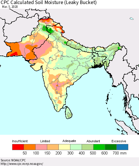 Southern Asia CPC Calculated Soil Moisture (Leaky Bucket) Thematic Map For 3/1/2020 - 3/5/2020