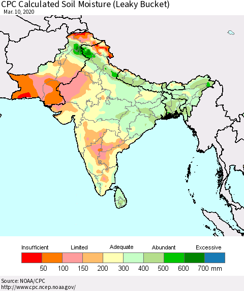 Southern Asia CPC Calculated Soil Moisture (Leaky Bucket) Thematic Map For 3/6/2020 - 3/10/2020