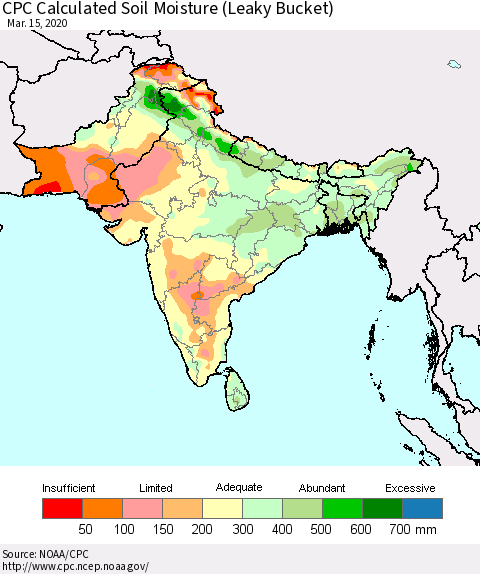 Southern Asia CPC Calculated Soil Moisture (Leaky Bucket) Thematic Map For 3/11/2020 - 3/15/2020
